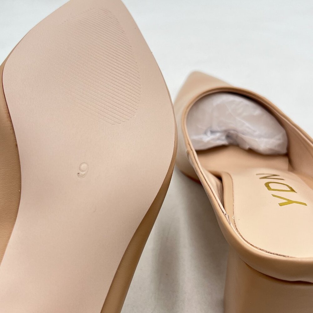 YDN Nude Retro Pointed Toe Mules Pumps Block Mid Heel Slip On Slide Sandal - Picture 5 of 7